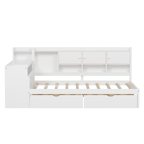Corner Twin Bed Frame with Bookcase Storage and Desk, Wood Day Beds with 2 Drawers, Twin Size Daybed with Storage for Living Room
