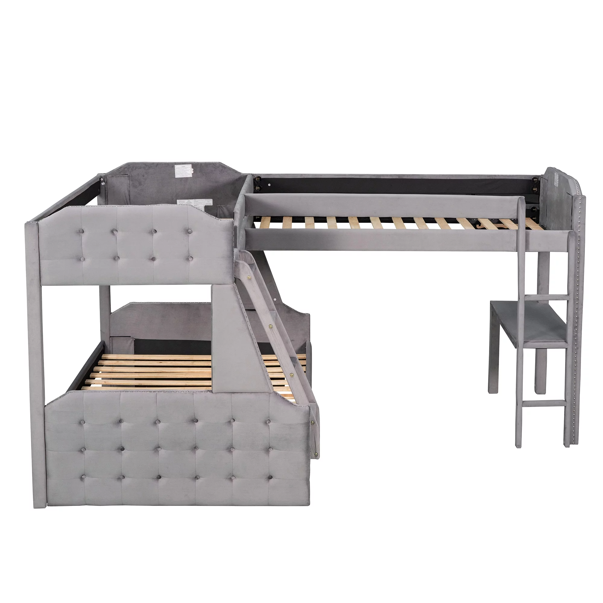 Euroco Upholstery Twin over Full Bunk Bed, Twin Size Loft Bed with Built-in Desk, 3-in-1 Bunk Bed, Solid Upholstered Wood Frame for More Kids, Gray