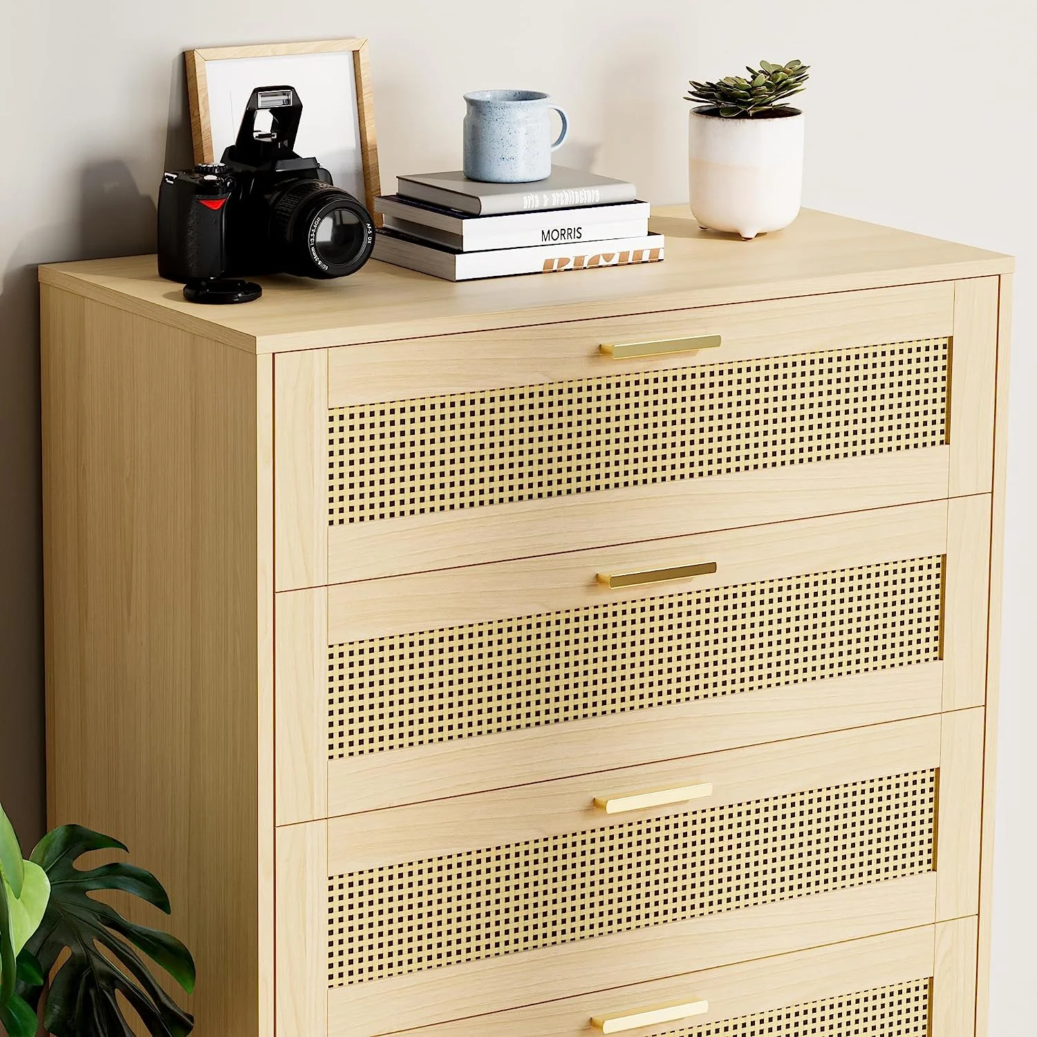Cozy Castle Rattan 5 Drawer Dresser for Bedroom, Modern Boho Dresser for Bedroom, Wooden Chest of Drawers with Metal Handles, Oak
