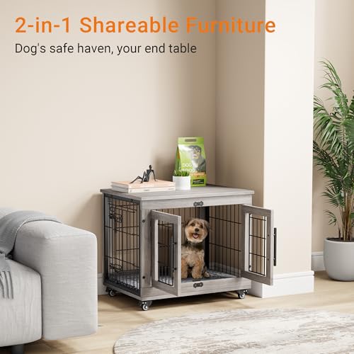 Lulive Dog Crate Furniture for Medium Dogs, 32'' Dog Kennel Indoor with Cushion & Wheels Wooden Dog Cage Double Doors Dog Crate End Table, Grey
