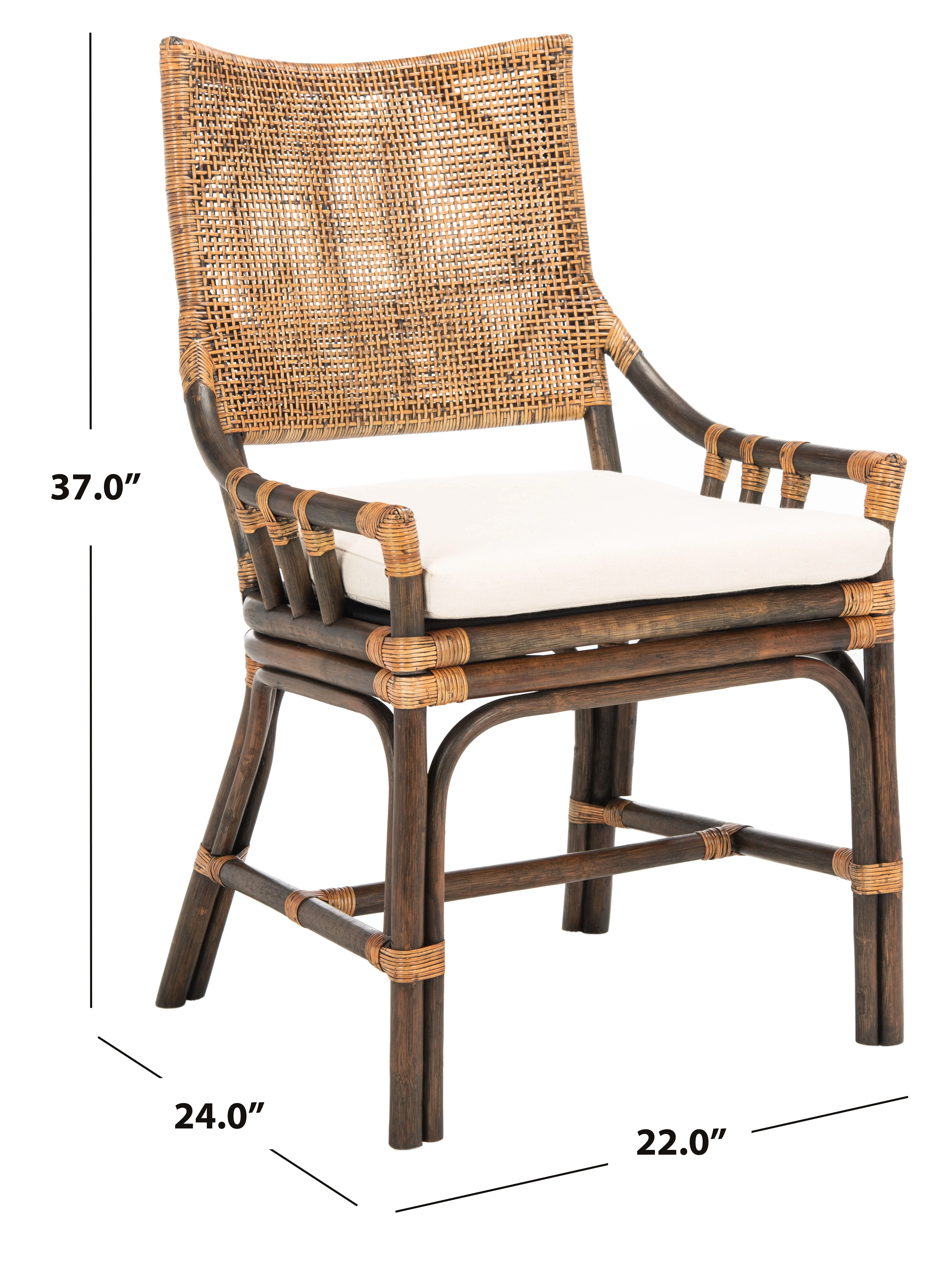 SAFAVIEH Donatella Rattan Chairs, Natural Wash/Black Legs/White Cushion (22 in. W x 24 in. D x 37 in. H)