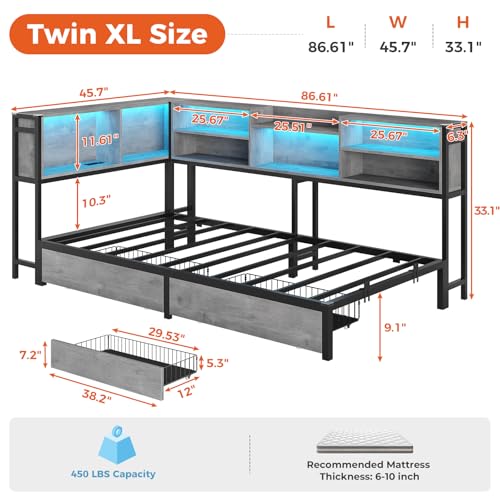 DICTAC Corner Twin Bed Frame with Bookcase Storage and Led Lights Metal Twin Size Platform Beds with Storage and Charging Station Twin Daybed with 2