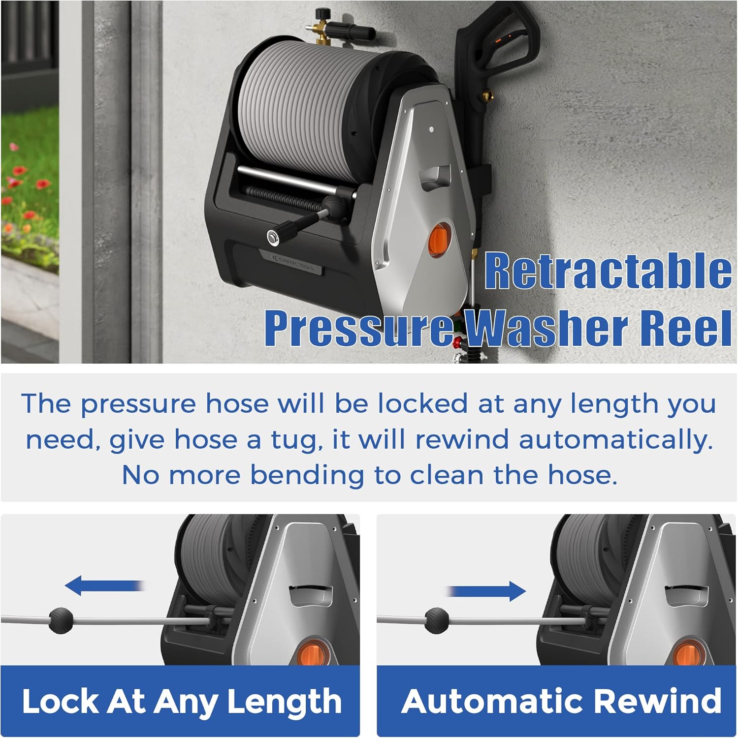 Giraffe Tools Grandfalls Pressure Washer Plus, Electric Wall Mount Power Washer with 100FT Retractable Ultra-Soft Pressure Hoses, 2200PSI, 2.4GPM