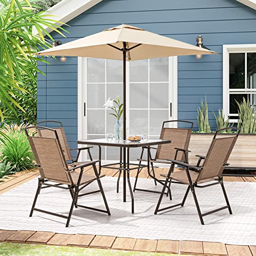 Pellebant 6PCS Patio Dining Set with Square Glass Table, 4 Folding Chairs and Patio Umbrella for Garden, Pool, Backyard, Outdoor, Indoor, Park, Patio