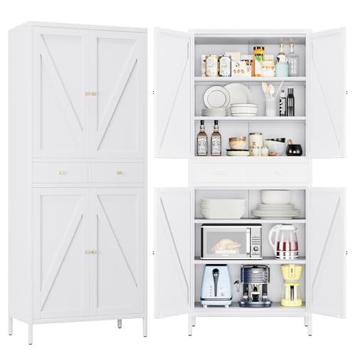 Tall Kitchen Pantry Cabinet, Metal Display Storage Cabinets with 4 Doors/2 Drawers for Kitchen Home Office Living Room, Assembly Required