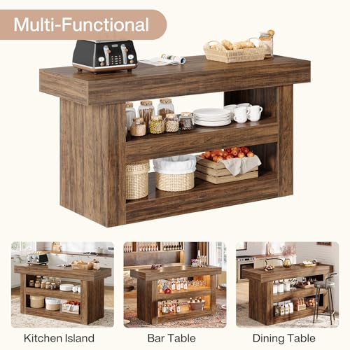 Tribesigns 55-Inch Kitchen Island with Storage, Farmhouse 3-Tier Stationary Island Table with Large Countertop
