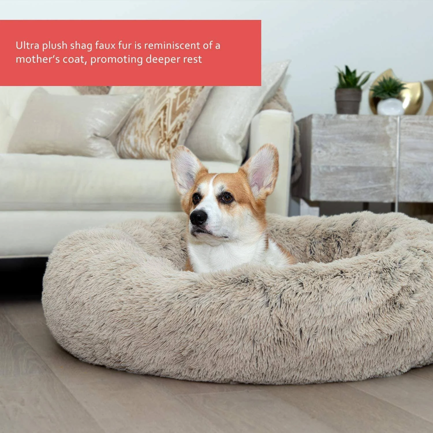 Best Friends by Sheri Calming Shag Donut Cuddler Pet Bed - Taupe - Medium