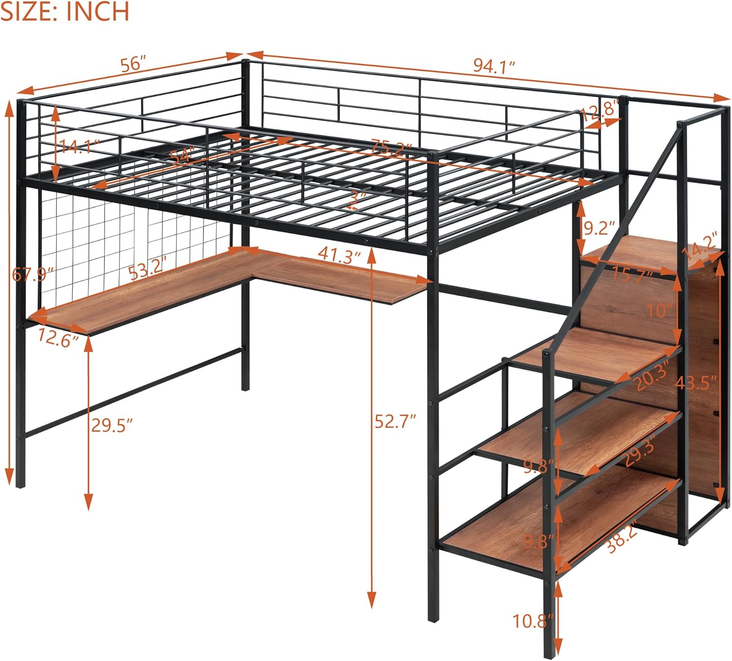Harper & Bright Designs Metal Full Size Loft Bed with Desk and and Metal Grid, Loft Bed Full with Storage Stairs and Wardrobe