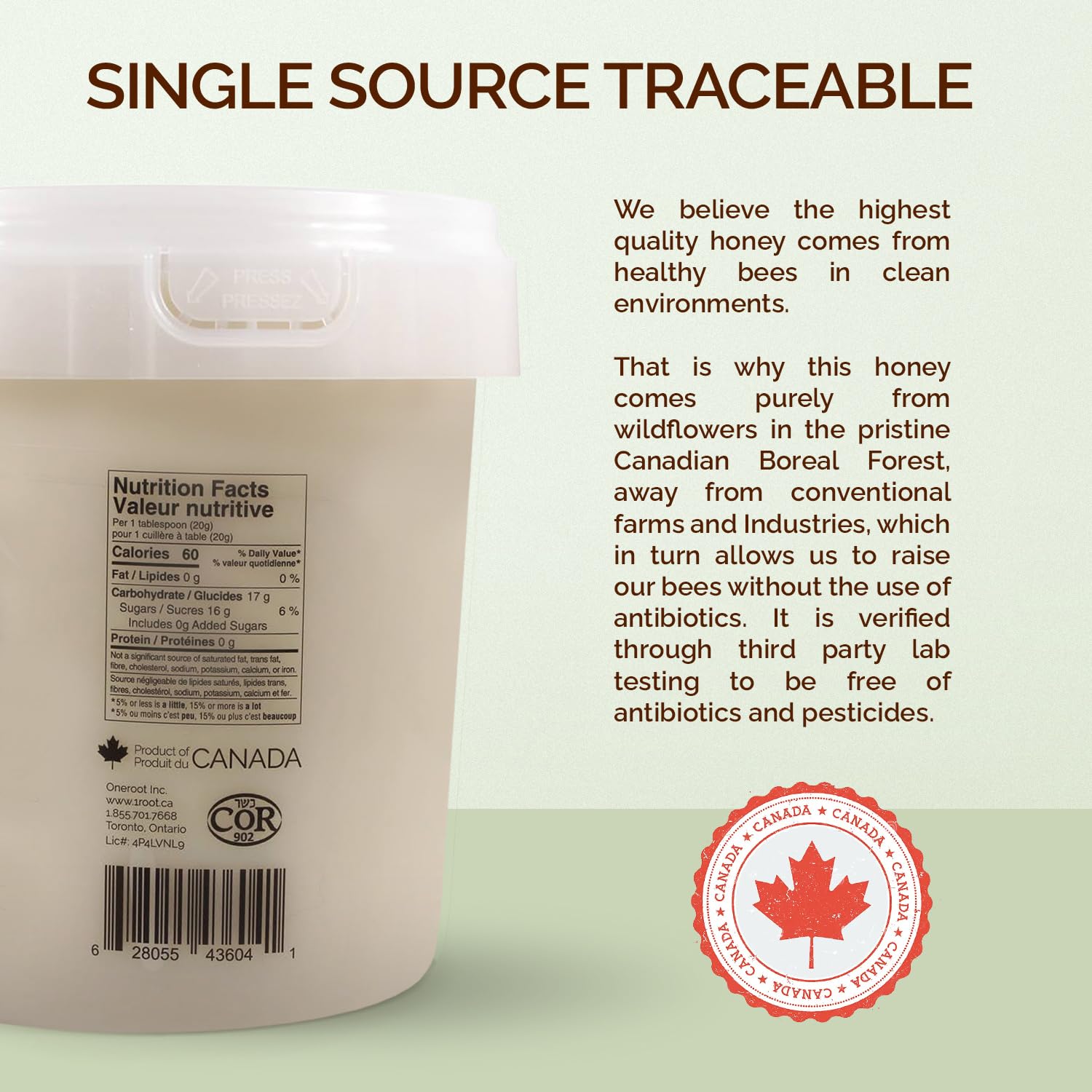 Oneroot 100% Canadian Wildflower Honey - 3kg / 6.6lb, Unfiltered, Unheated & Creamed, Nutrient Rich Raw Wildflower Honey With Enzymes