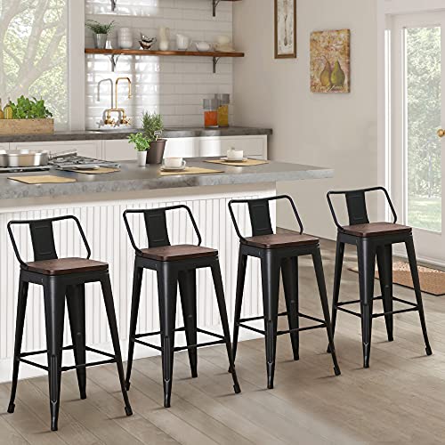 Andeworld Bar Stools Set of 4 Counter Height Stools Industrial Metal Distressed Barstools with Low Back Wooden Seats (30 Inch, Distressed White)