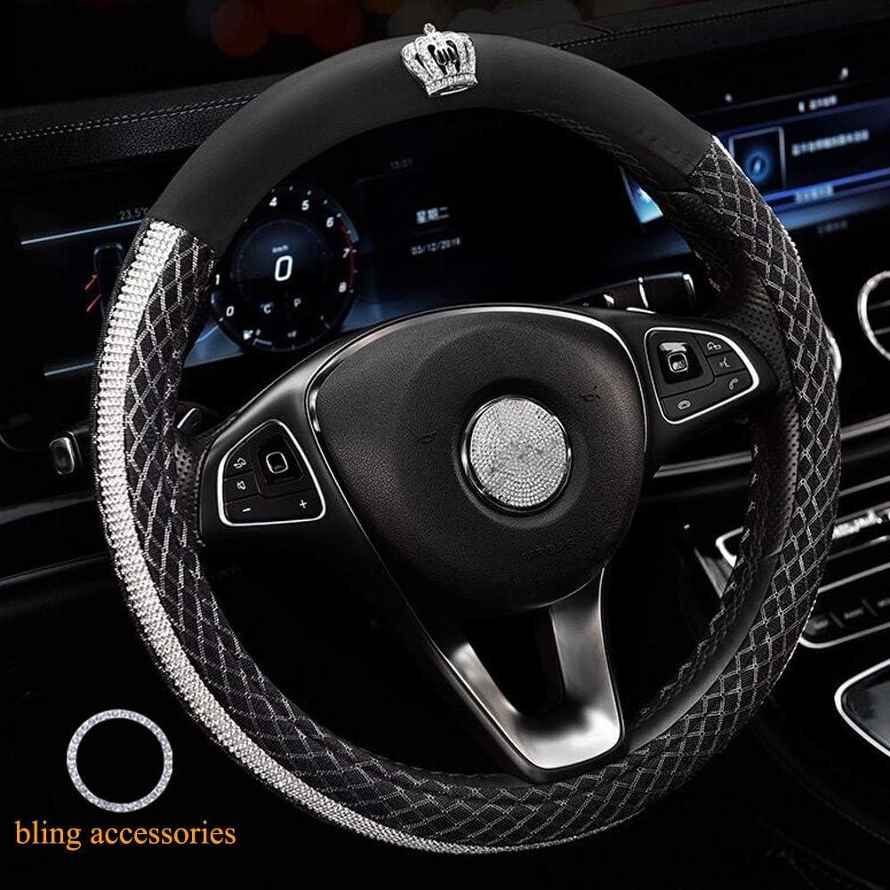 ALVAZA New Crystal Car Steering Wheel Cover Bling Bling Rhinestones Leather Crown Decro Not Slip Breathable Steering Covers Size 15 Inch + Bling Ring