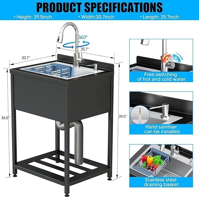 Stainless Steel Utility Sink, 30.8" × 22" × 39.5"Freestanding Sink with Cold and Hot Water Faucet,Hoses and Drain Kit for Kitchens, Bathrooms, Garage