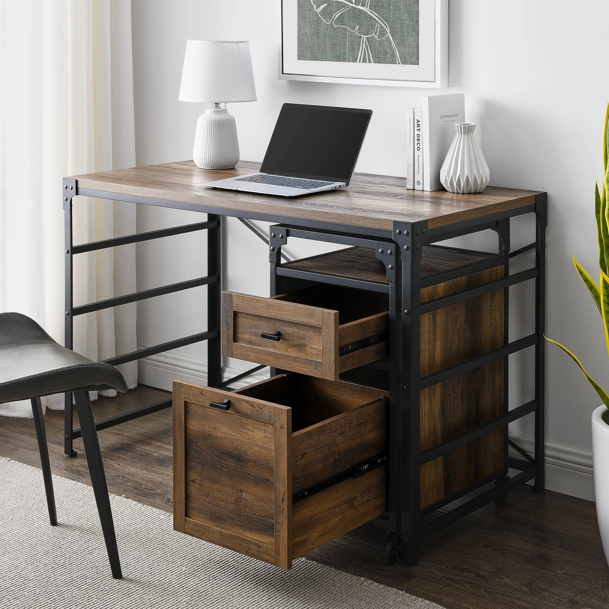 Halverson Angle Iron Writing Desk with 2 Drawer Filing Cabinet Reclaimed Barnwood - Saracina Home