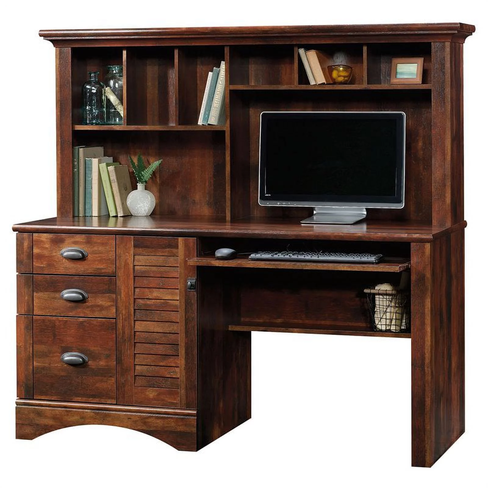 Pemberly Row Computer Desk and Hutch with CPU Storage and Keyboard Drawer, Curado Cherry
