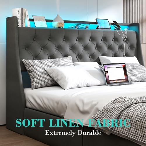 Queen Bed Frame with 2 Storage Drawers, Platform Bed Frame Queen Size with LED Light, Upholstered Headboard, Charging Station, Steel Slat Support