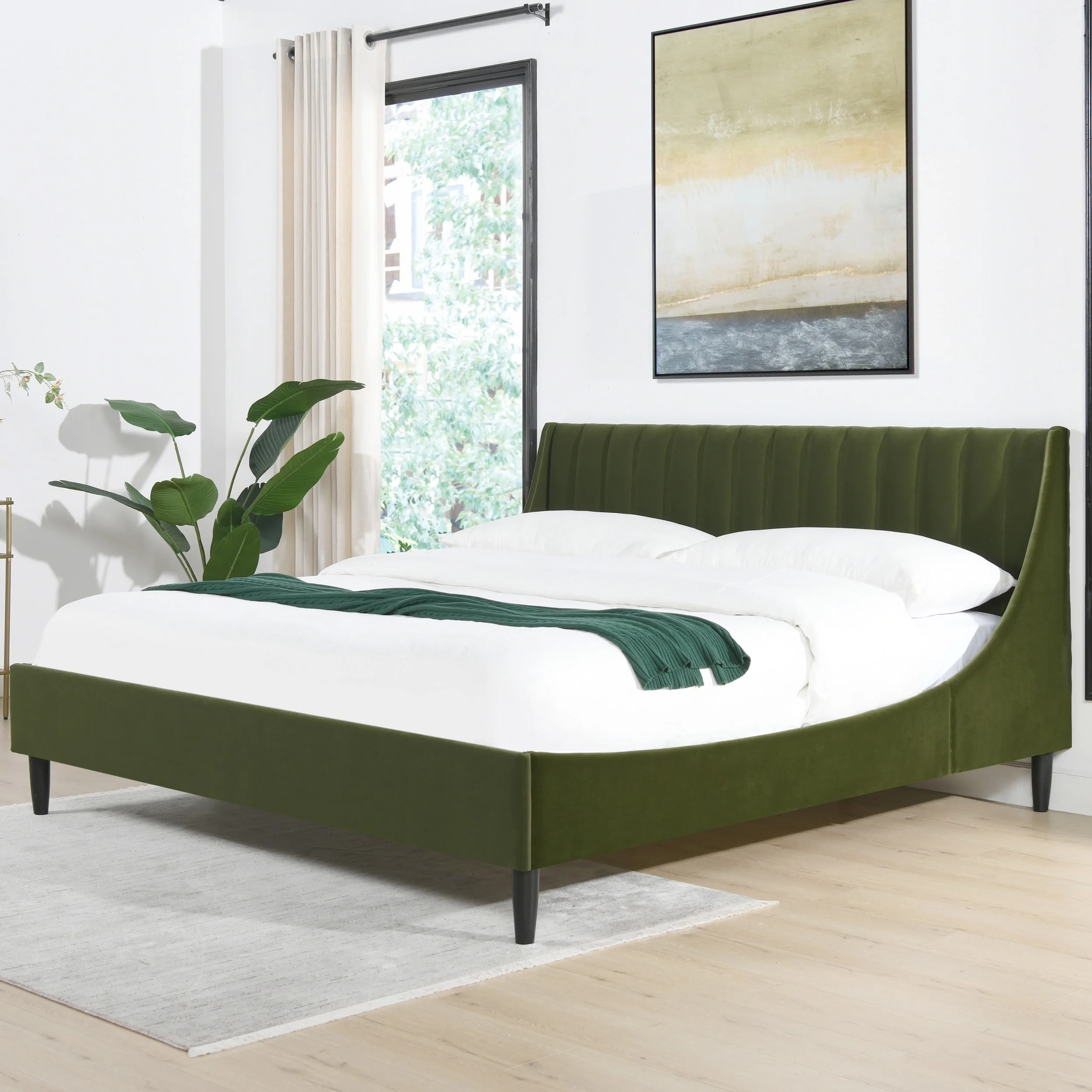 Jennifer Taylor Home Willow Performance Velvet Channel Tufted Platform Bed Olive Green King
