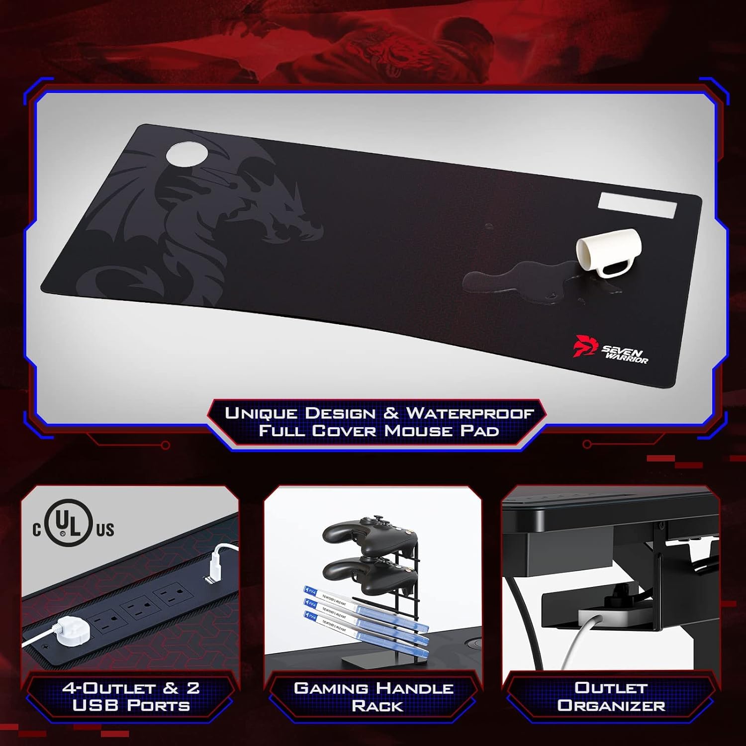 SEVEN WARRIOR Gaming Desk 55INCH with LED Strip & Power Outlets,Carbon Fiber Surface Computer Gamer Desk with Full Desk Mouse Pad