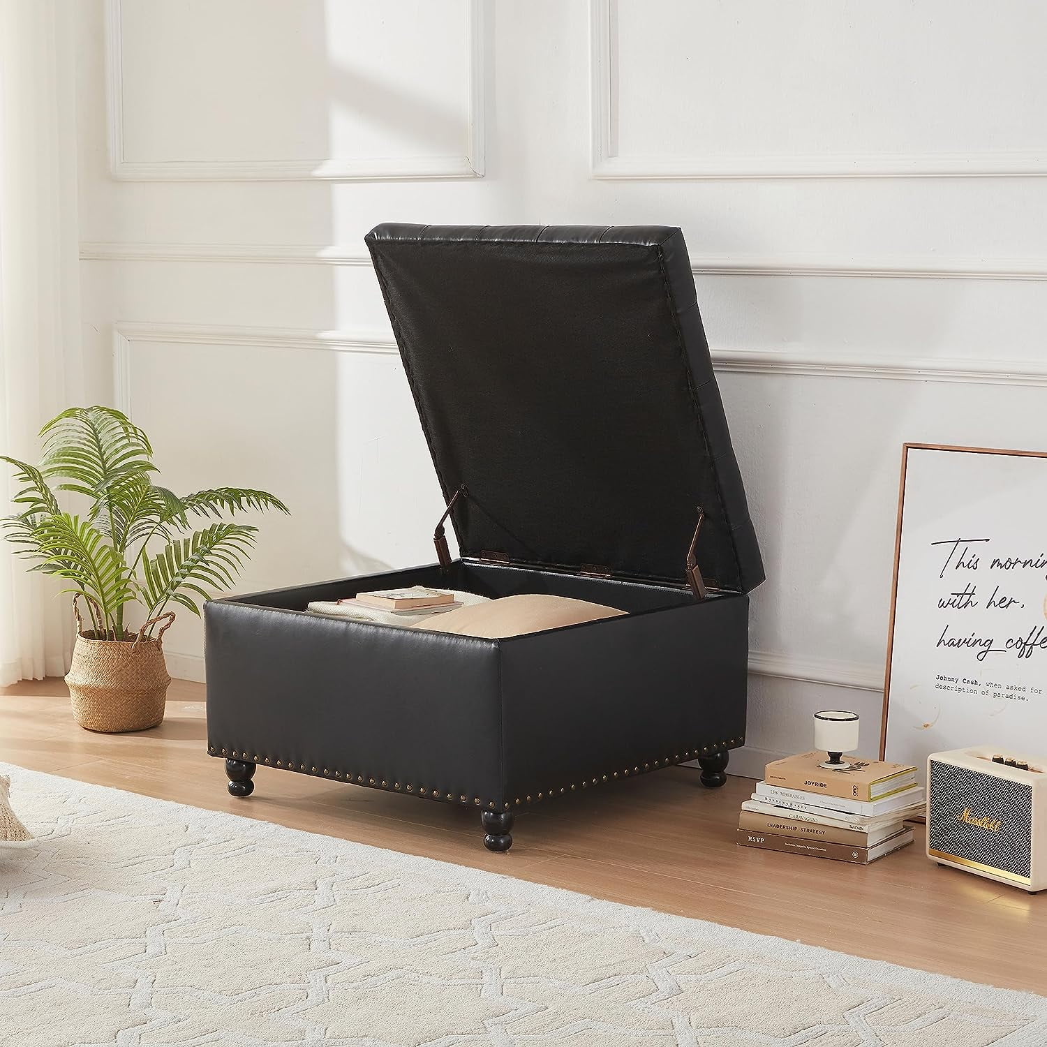 Large Square Storage Ottoman Bench, Tufted Coffee Table Ottoman with Storage, Oversized Storage Ottomans Toy Box Footrest for Living Room, Black