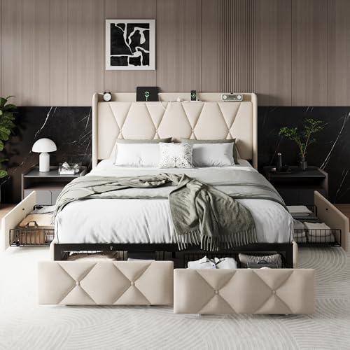 Queen Bed Frame with 4 Storage Drawers and Charging Station, Upholstered Platform Bed Frame with Storage Headboard, No Box Spring Needed