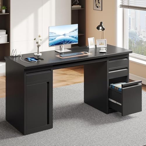 YITAHOME Office Desk with 5 Drawers, Executive Desk with Power Outlets, 57 Inch Computer Desk with File Cabinet, Keyboard Tray