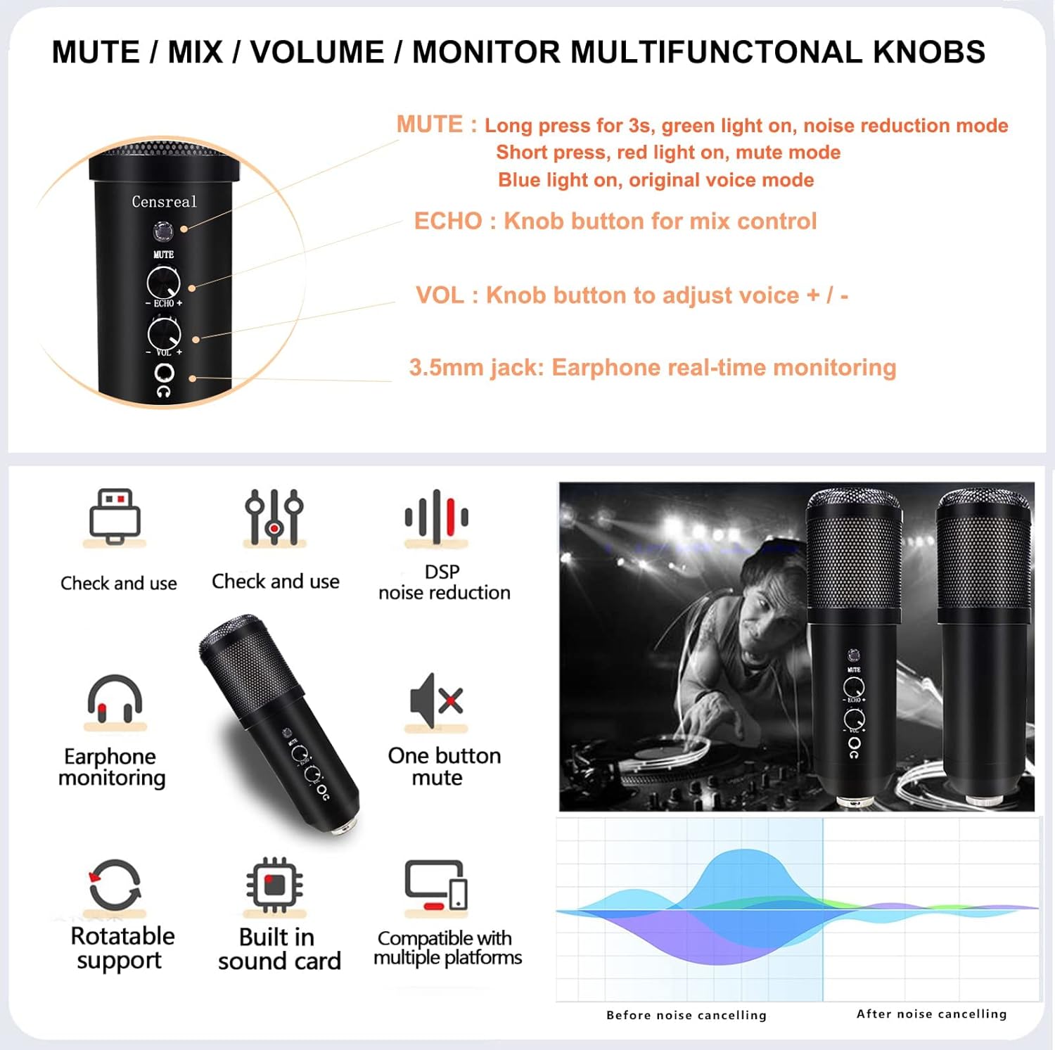 USB Microphone for PC, Censreal Gaming Microphone with Noise-Canceling for Streaming