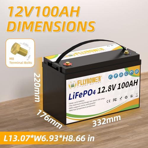 FLLYROWER 12V Lithium Battery 100AH With BMS and 16500 Deep Cycles 12V 100AH Lifepo4 Battery Grade A Cells for Marine Trolling Motor RV camping Solar