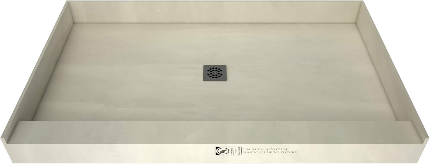 Tile Redi T3660C-SCTTBVZ Shower Pan Kit with Flashing, Center Drain- Single Curb Shower Base, 2" PVC Drain and Grate Included, 60" Width x 36" Depth