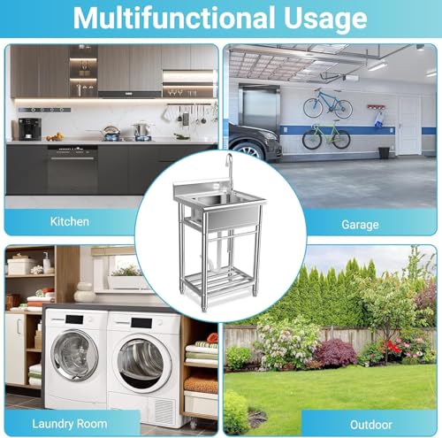 26 Inch Utility Sink, 304 Stainless Steel Sink Free Standing Sink with Cold and Hot Water Pull-out Faucet, Heavy Duty Laundry Sinks for Workshop