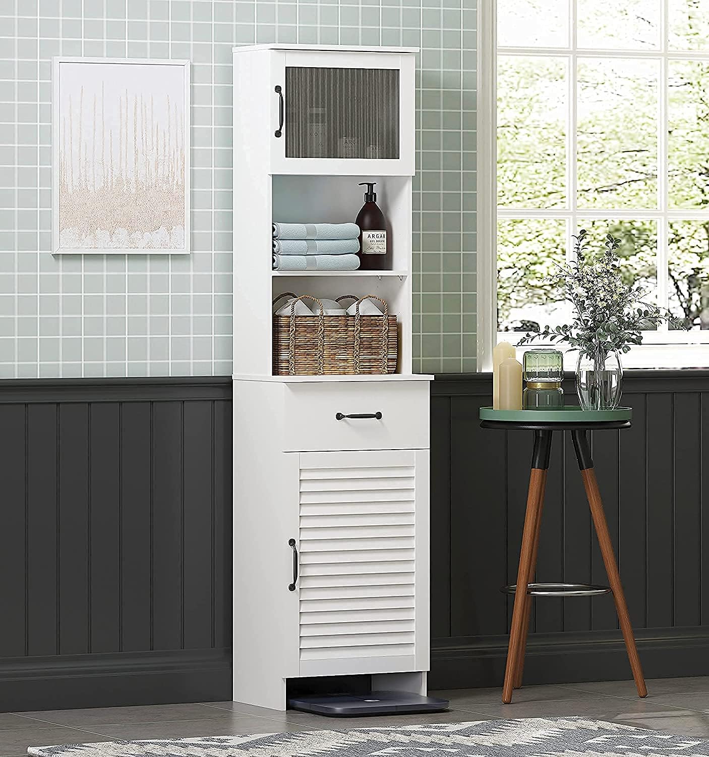 Spirich 63 Freestanding Cabinet,Bathroom Storage Cabinet with Double Doors and Drawers,Tall Cabinet for Bathroom, Living Room,Whtie