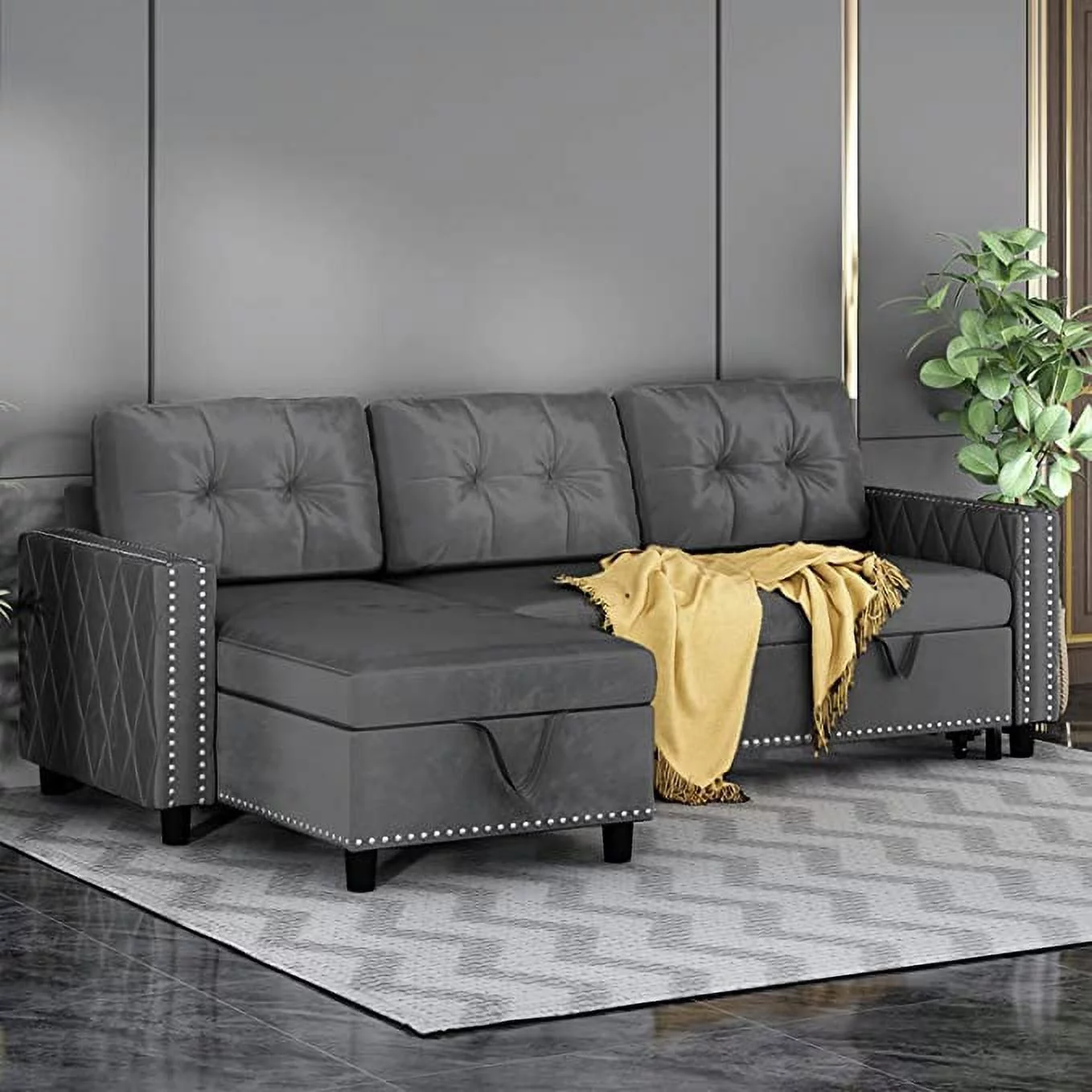 BALUS Reversible Sectional Sleeper Sofa with Storage Chaise, Velvet Upholstered L-Shape Sleeper Sectional Sofa Couch