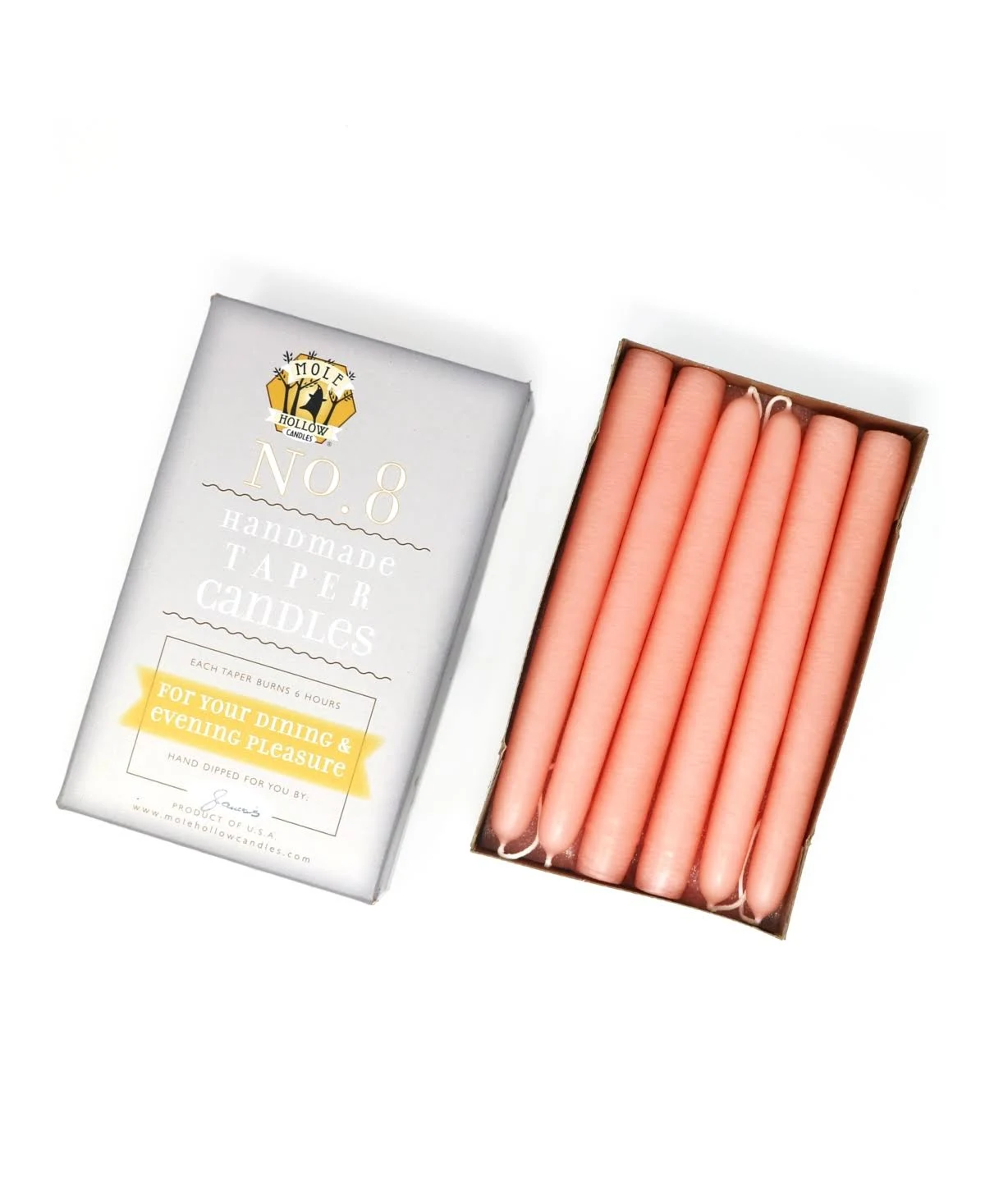 Mole Hollow Candles 8x22 Taper Candles, Set of 12 - Colonial Pink