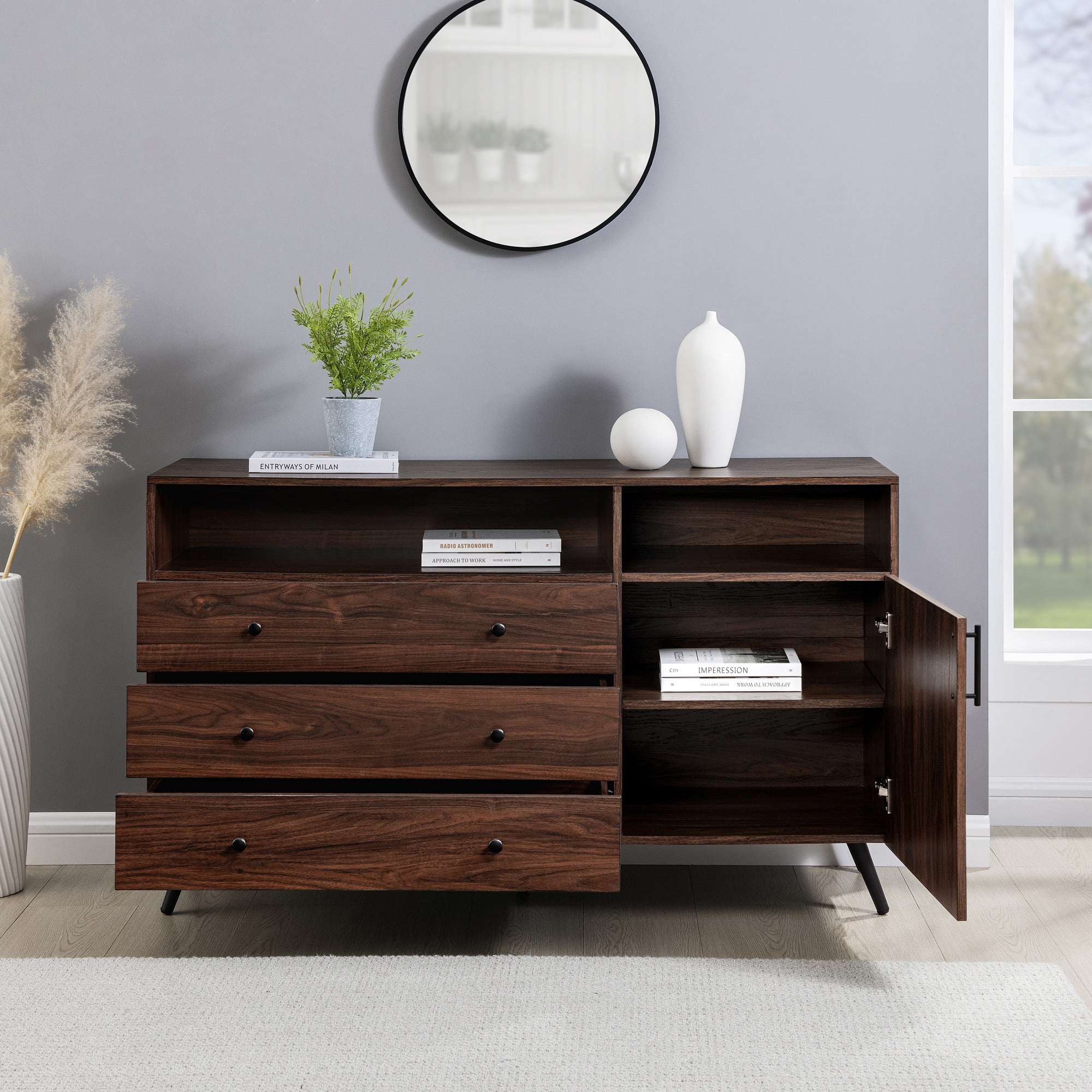 Walker Edison Mid-Century Modern 3-Drawer Sideboard, Dark Walnut