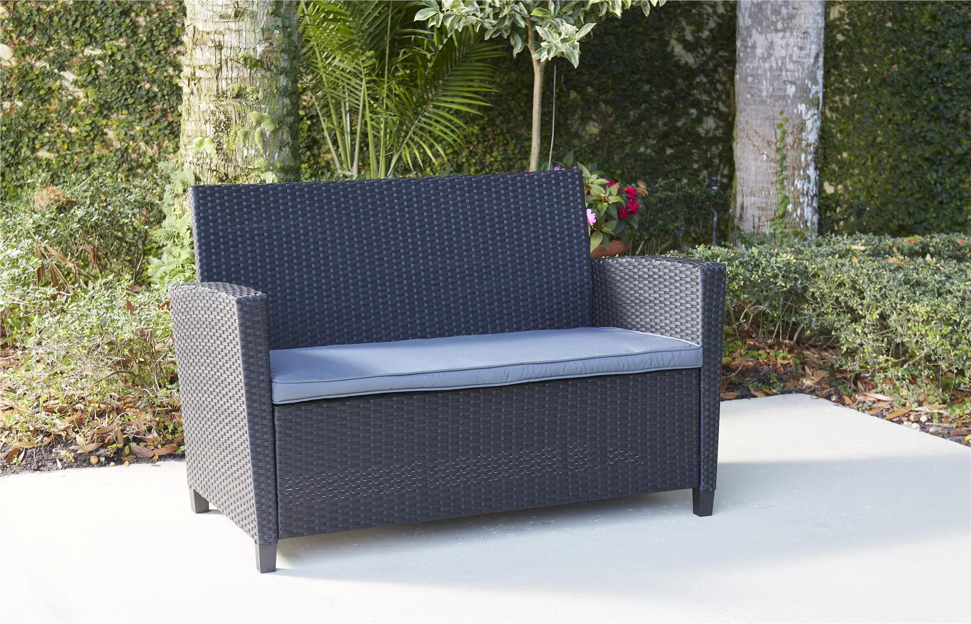 COSCO Outdoor 4 Piece Conversation Set, No Tools Assembly, Gray Cushions, Black Resin Wicker