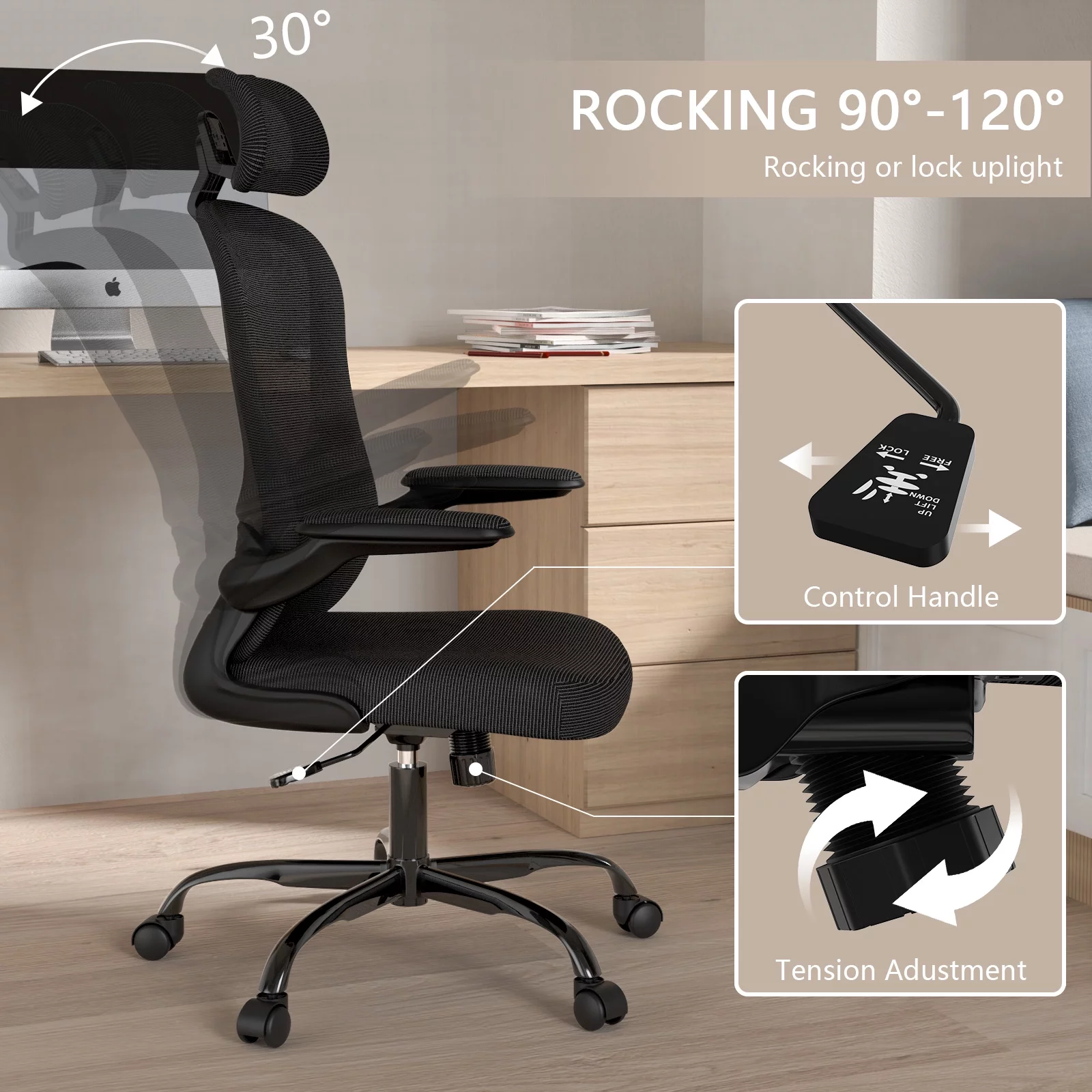 Lioncin Office Chair, High Back Ergonomic Desk Chair, Swivel Task Chair with Flip-up Armrests, Executive Chair for Home Office,Black