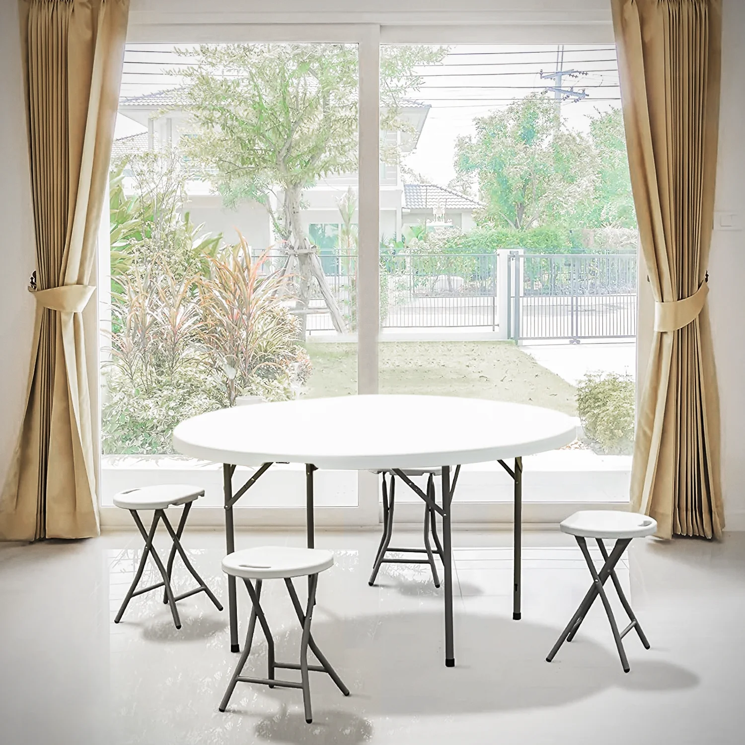 Magshion 10 Pieces Round Bi-Folding Commercial Table, 4.5 Feet Portable Plastic Dining Card Table for Kitchen Outdoor Party Wedding Event, White