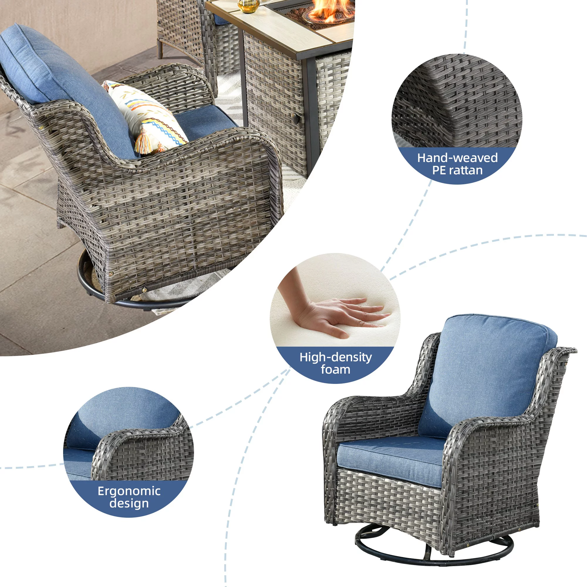 Ovios 6 Pieces Fire Pit Table Set Outdoor Patio Furniture with 30" Gas Fire Pit Table Gray Conversation Set with Swivel Rocking Chair