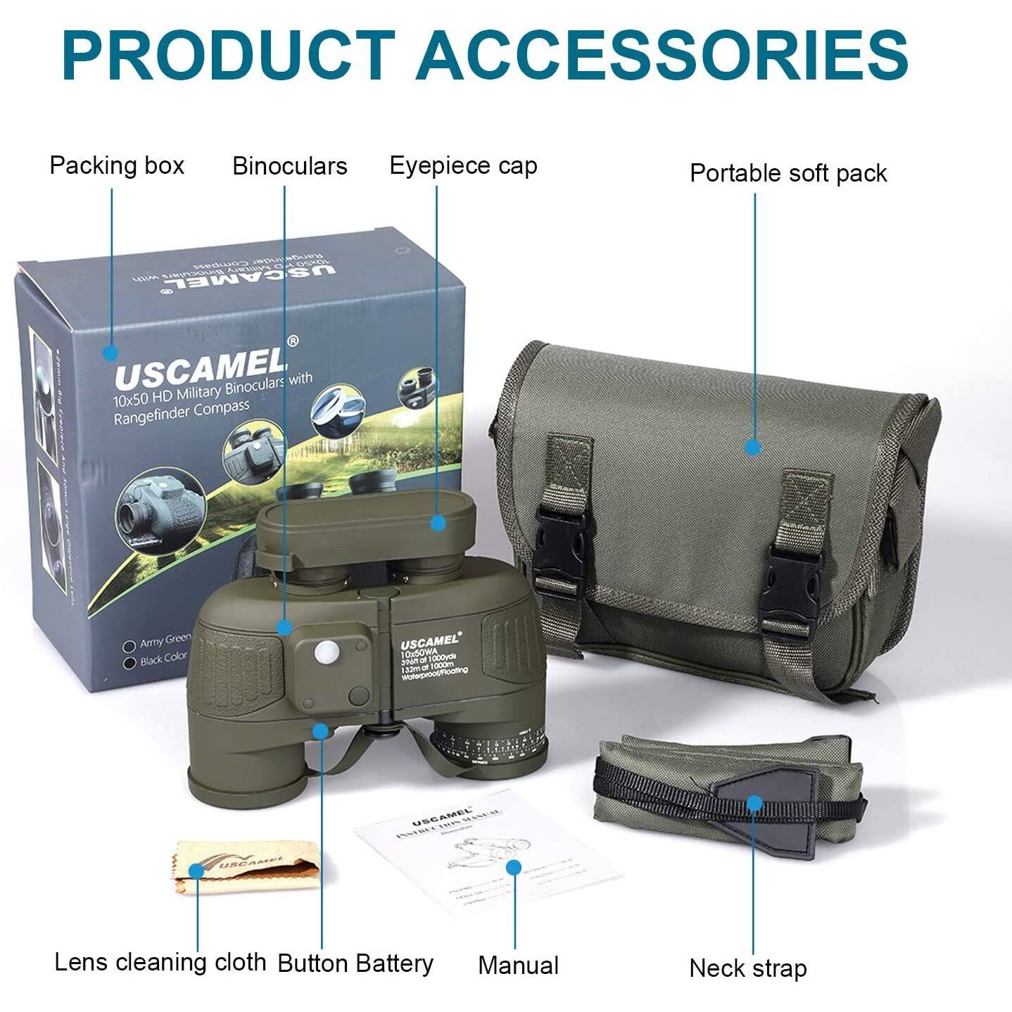 USCAMEL 10x50 Marine Military Binoculars for Adults, Waterproof Binoculars with Rangefinder Compass BAK4 Prism FMC Lens for B