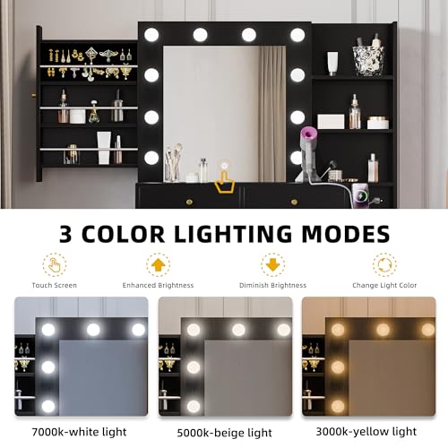 YITAHOME Makeup Vanity Desk with Mirror & Power Outlet, Hollywood Vanity Set with Hidden Jewelry Storage, 5 Drawers and Lots Shelves