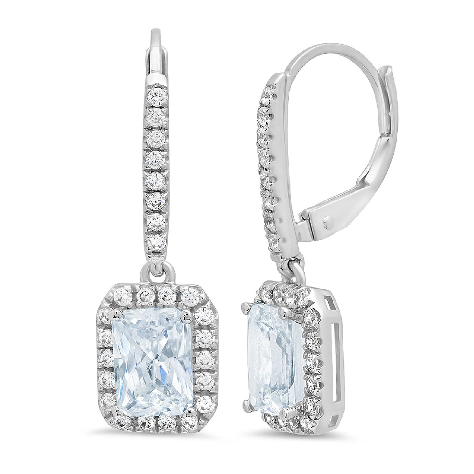 5.81Ct Brilliant Emerald Cut Halo Drop Dangle Genuine Blue Simulated Diamond Solid 14K White Gold Earrings Lever Back