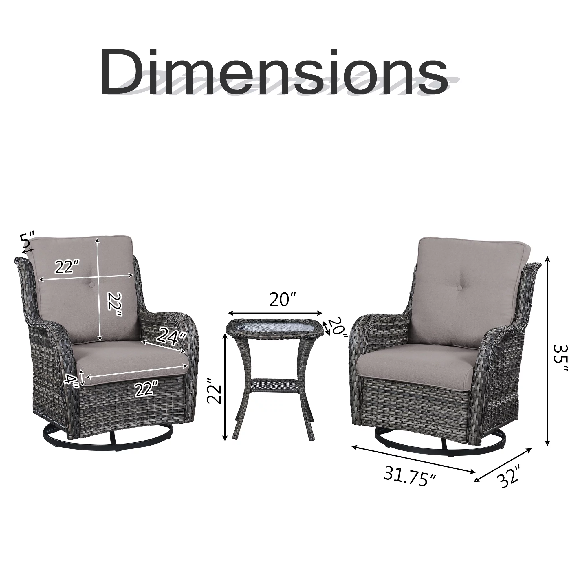 PARKWELL 3-Piece Outdoor Swivel Gliders with Side Table - Patio Wicker Bistro Furniture Set for Porch Deck Backyard