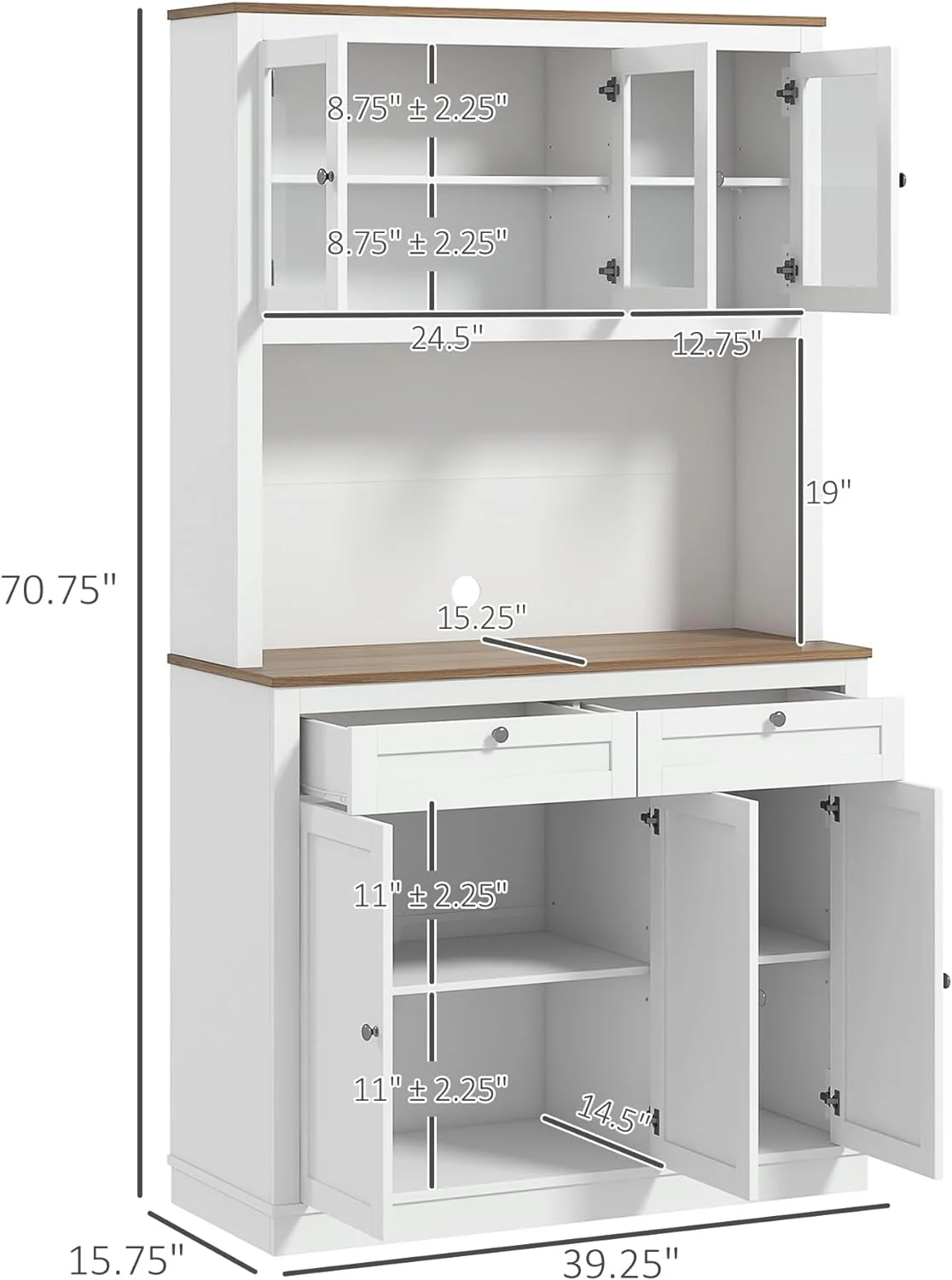 71" Tall Kitchen Pantry Storage Cabinet with Microwave Stand, Freestanding Buffet with Hutch, 2 Drawers, 5 Doors