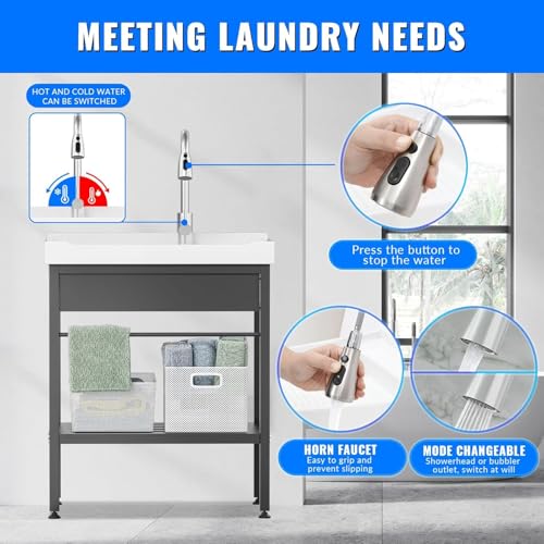Stainless Steel Utility Sink, 36.6" × 24.2" × 36.6"Freestanding Sink with Cold and Hot Water Faucet,Hoses and Drain Kit for Kitchens, Bathrooms
