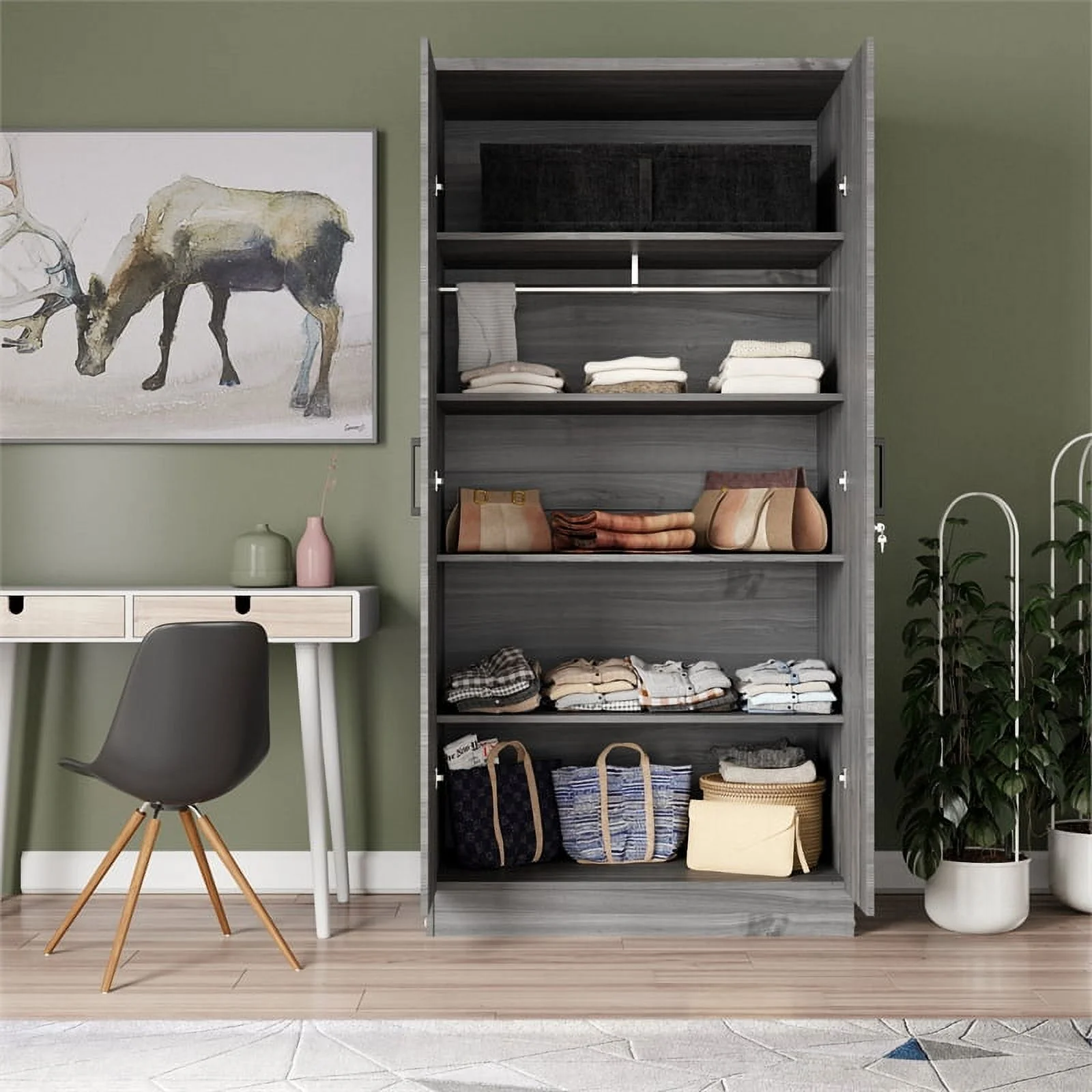 Better Home Products Harmony Two Door Armoire Wardrobe with Mirror in Gray