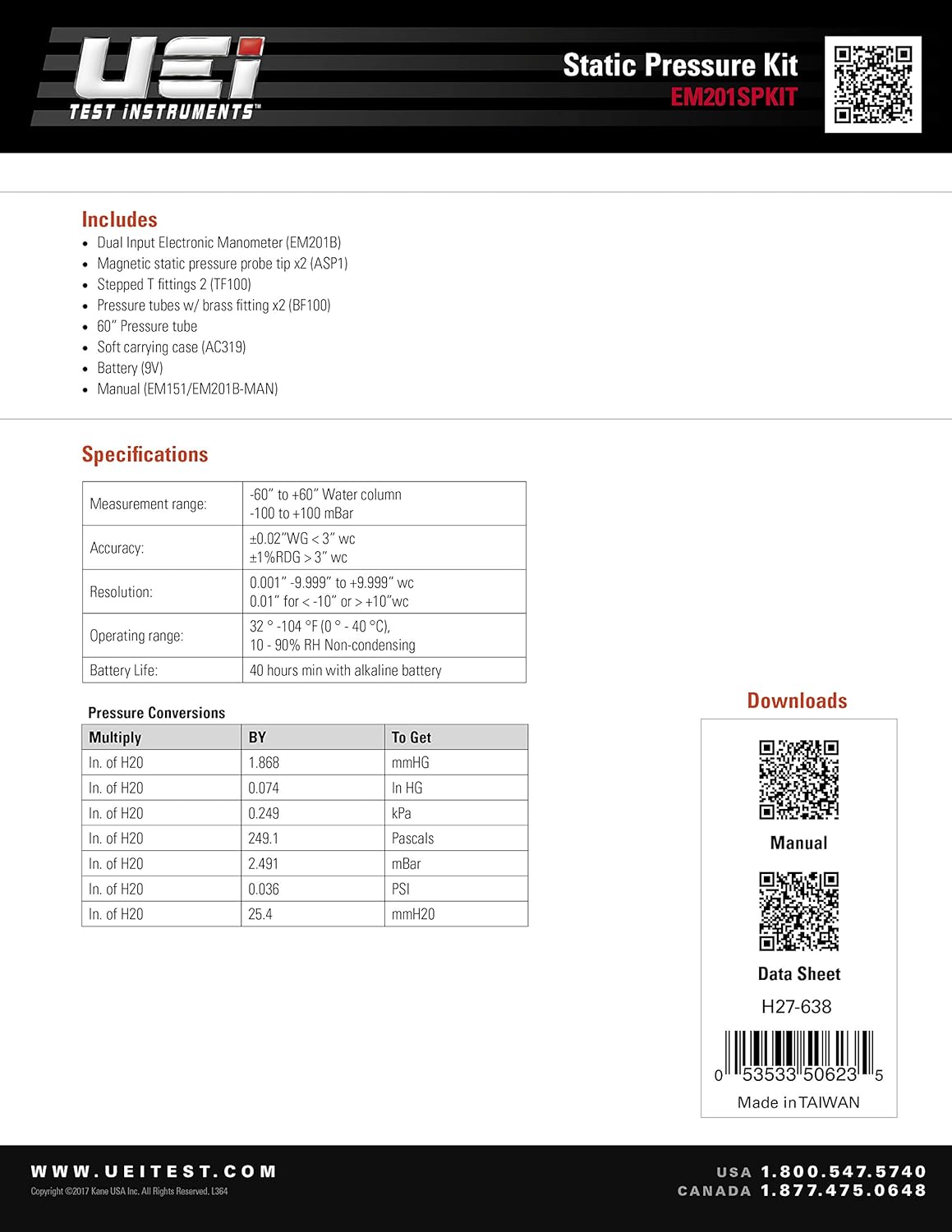 UEi Test Instruments Em201Spkit Static Pressure Kit