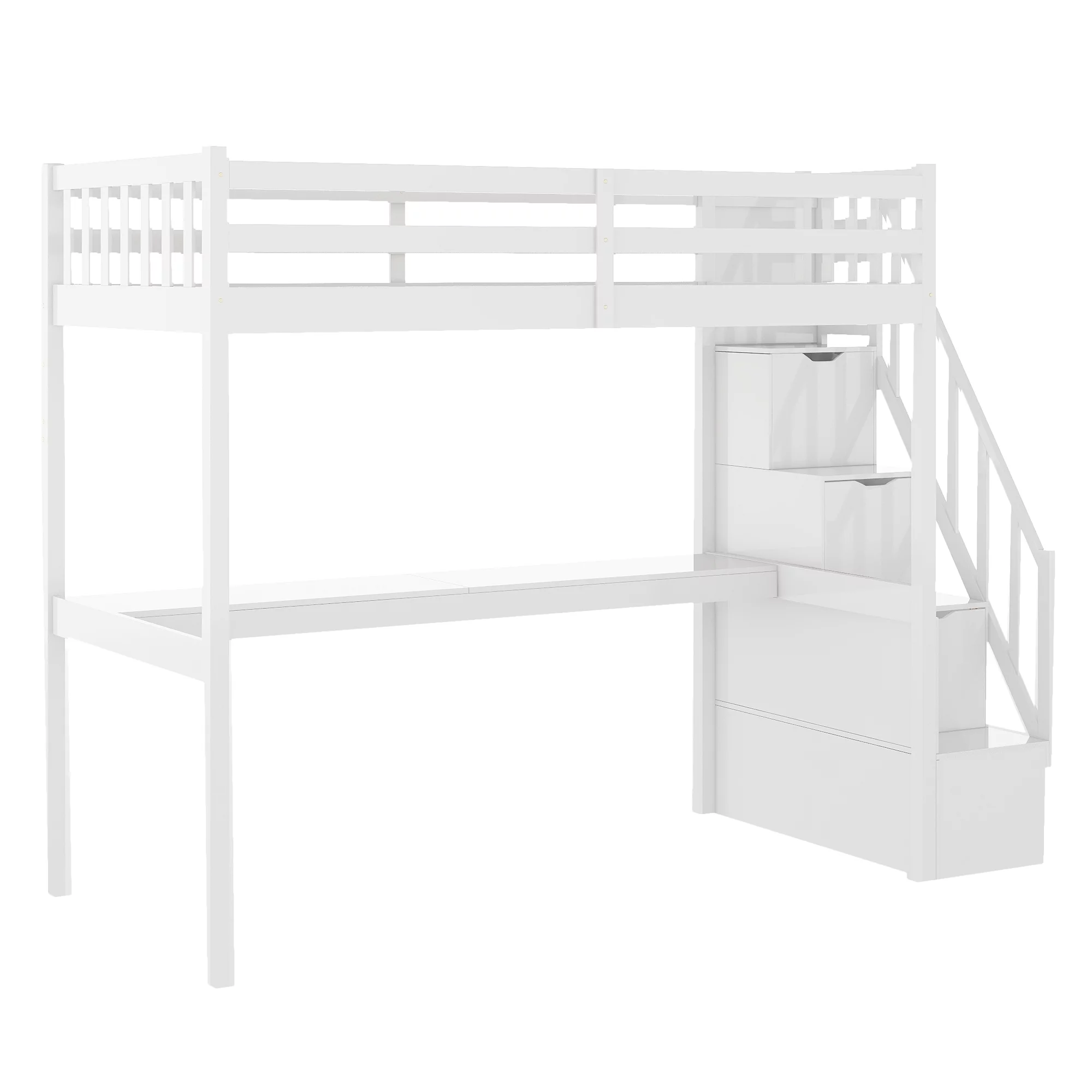 EUROCO Twin Size Loft Bed with Storage Staircase and Built-in Desk, White