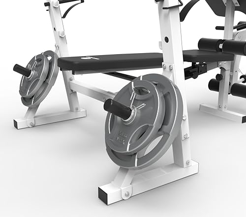 Marcy Olympic Workout Bench for Home Gym Strength Training Equipment with Preacher Curl Pad and Weight Rack Storage, White/Black