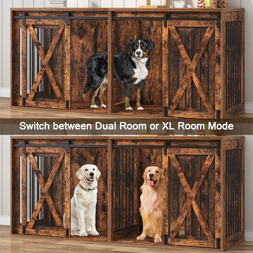 78.7" XXL Dog Crate Furniture for 2 Large Dogs, Heavy Duty Double Dog Cage Large Breed, 35.4" Tall Thick Wooden Dog Kennel TV Stand with Divider