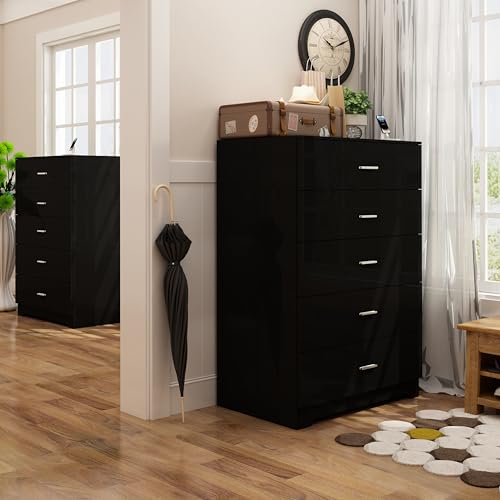 Dresser for Bedroom with Power Outlets Wood 5 Drawer Dresser with Large Storage Space Black Chest of Drawers with Smooth Metal Rail Tall Storage