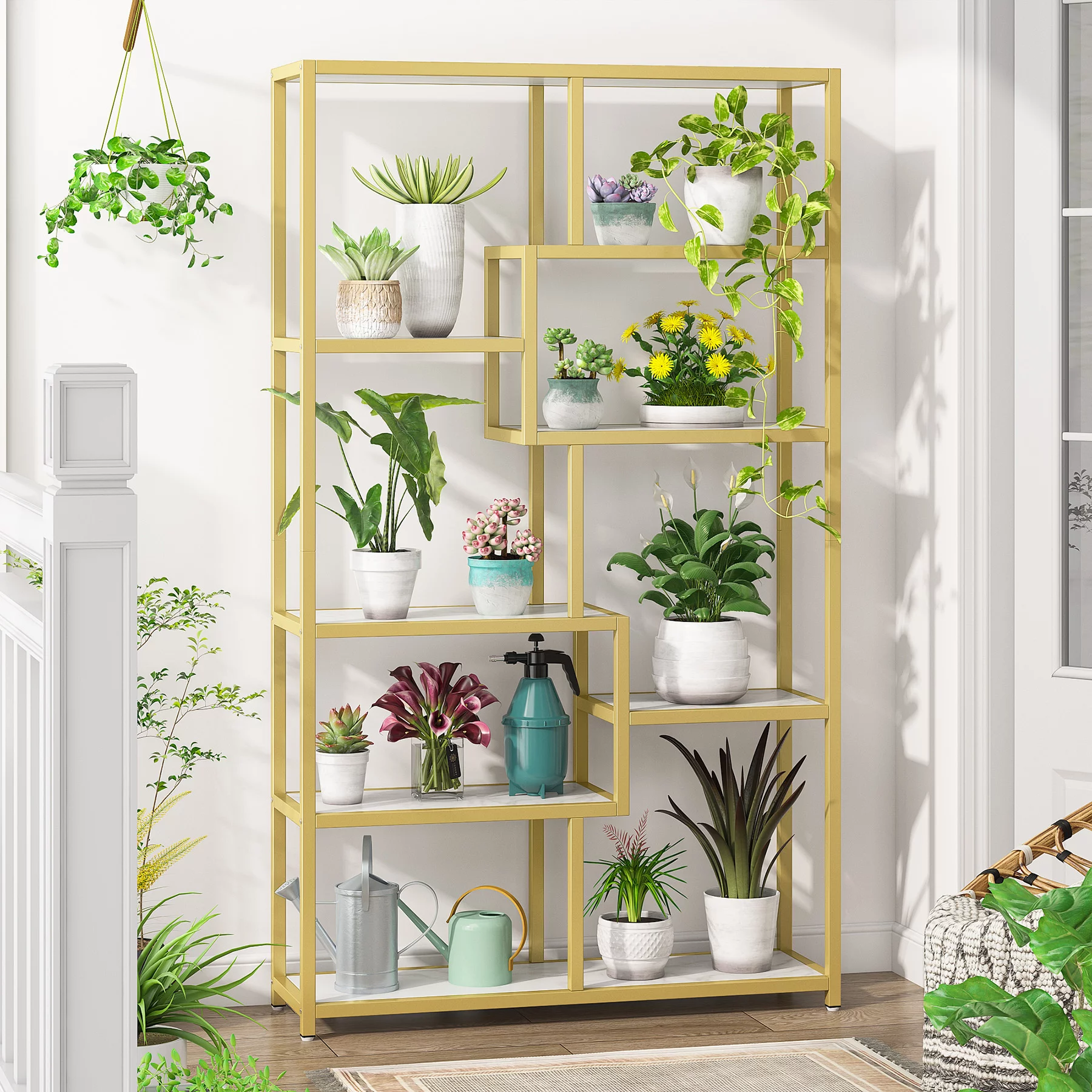 Tribesigns Modern Bookshelf, 8-Open Shelf Etagere Bookcase for Living Room, Home Office (White/Gold)