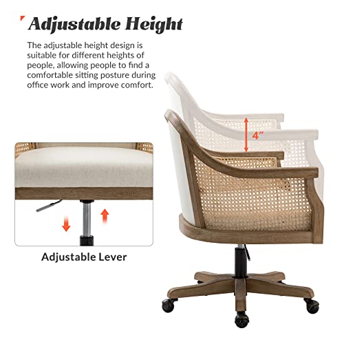 HULALA HOME Rattan Desk Chair, Upholstered Home Office Chair, Vintage Office Chair with Armrest